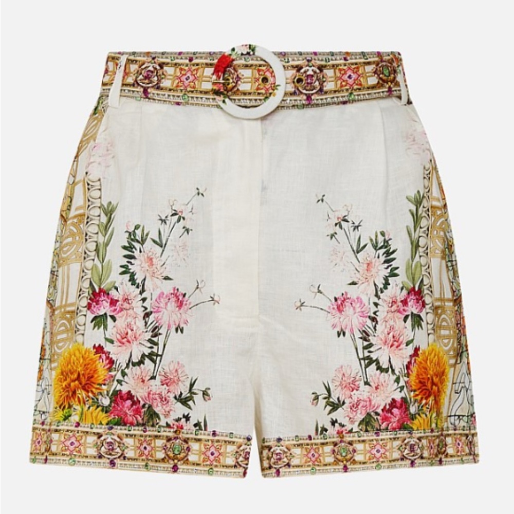 Camilla Cream High Waist Shorts with Floral Embroidery